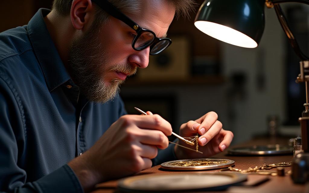 Maestro relojero trabajando en un movimiento mecánico de precisión